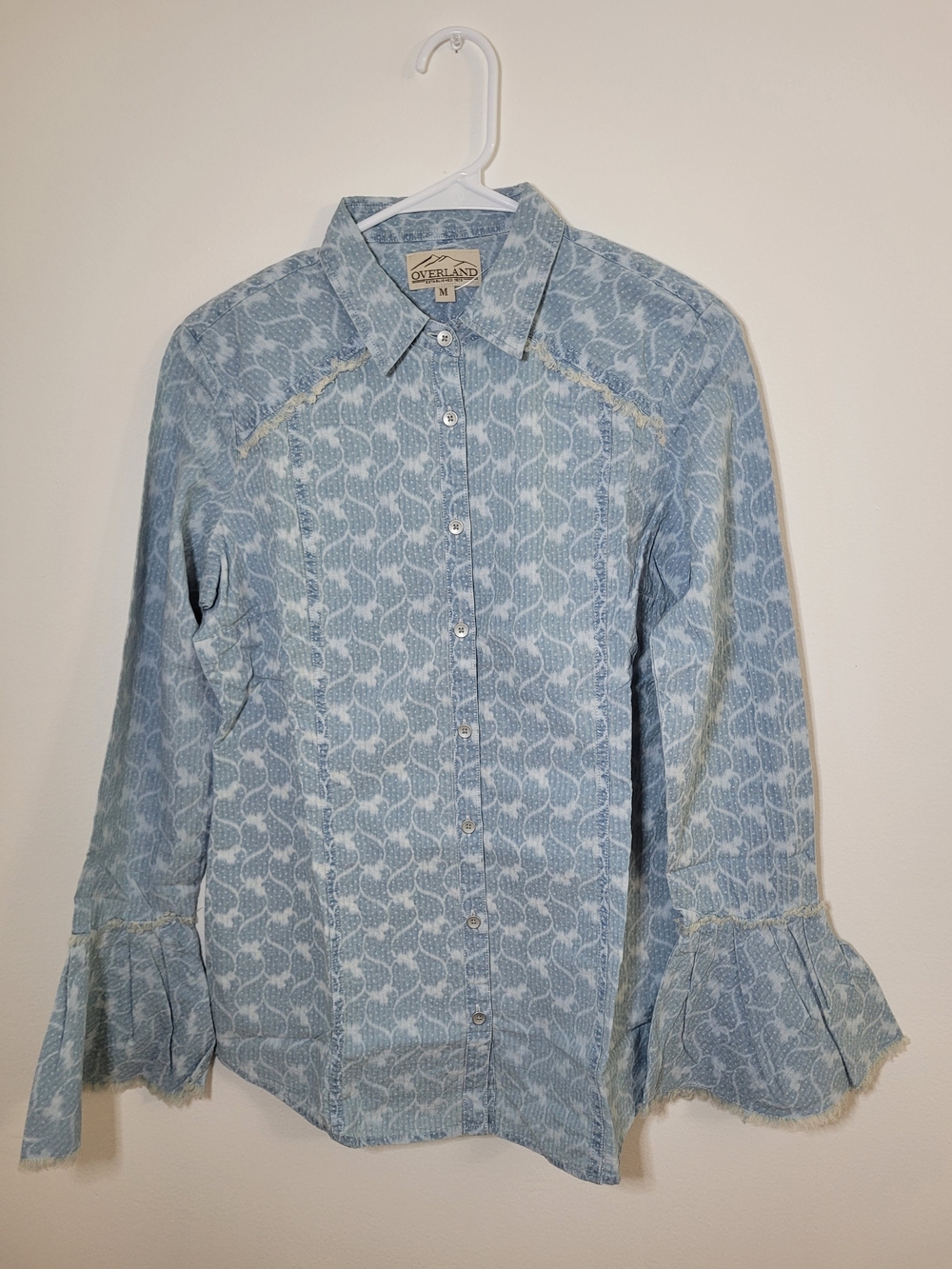 Overland Lola Cotton Denim Shirt Blue White Print Bell Sleeve Size Medium